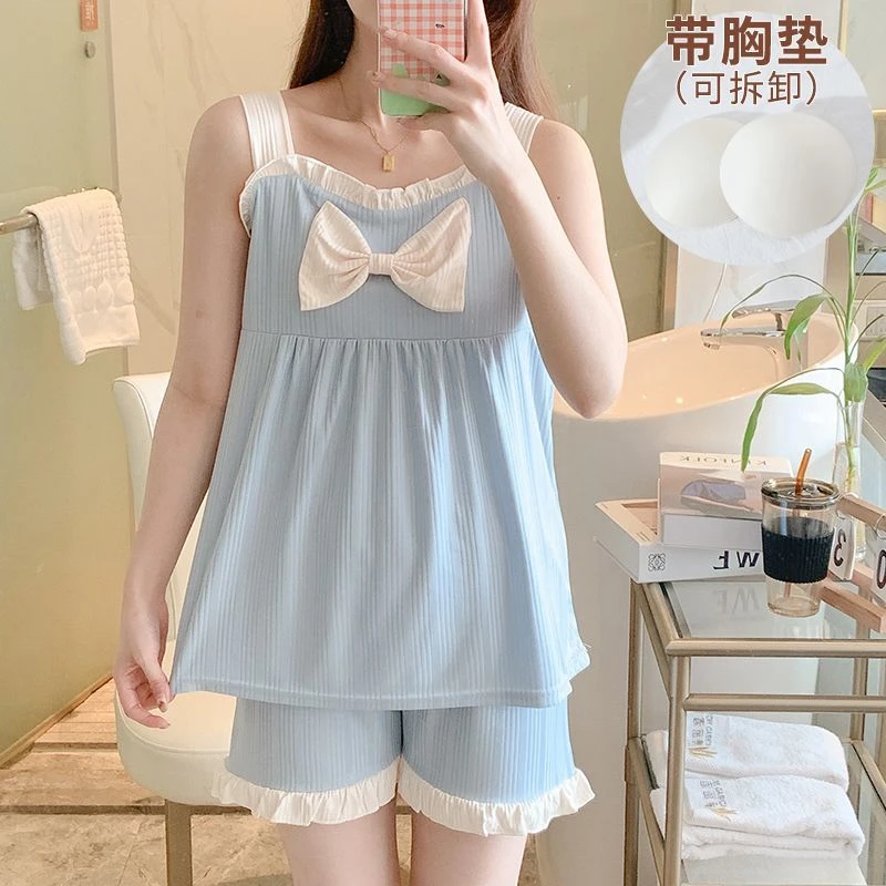 夏季吊带睡衣女2022年新款学生甜欲风可爱大码无袖夏天薄款两件套