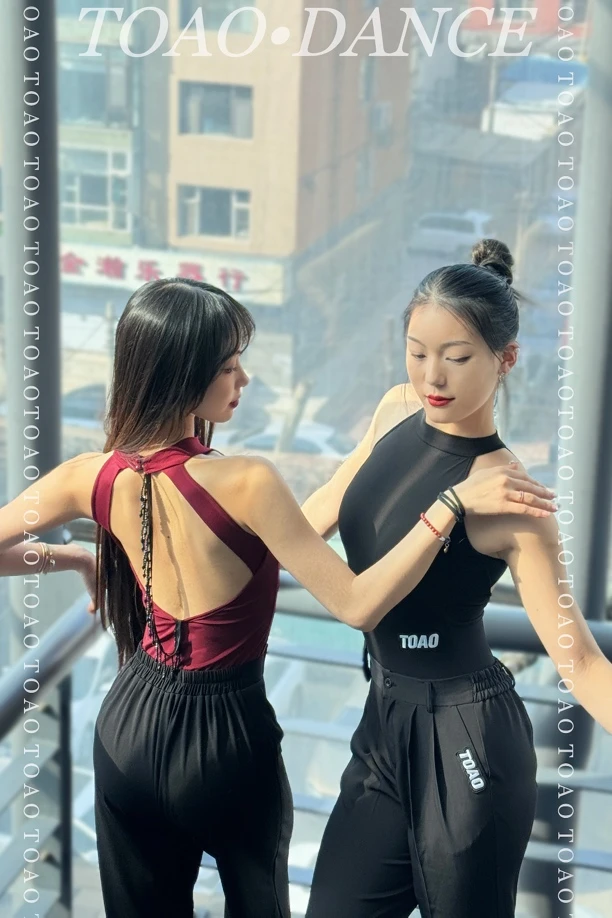 TOAO舞服百搭基础上衣拉丁瑜伽摩登同款防走光大露背设计珠串背链