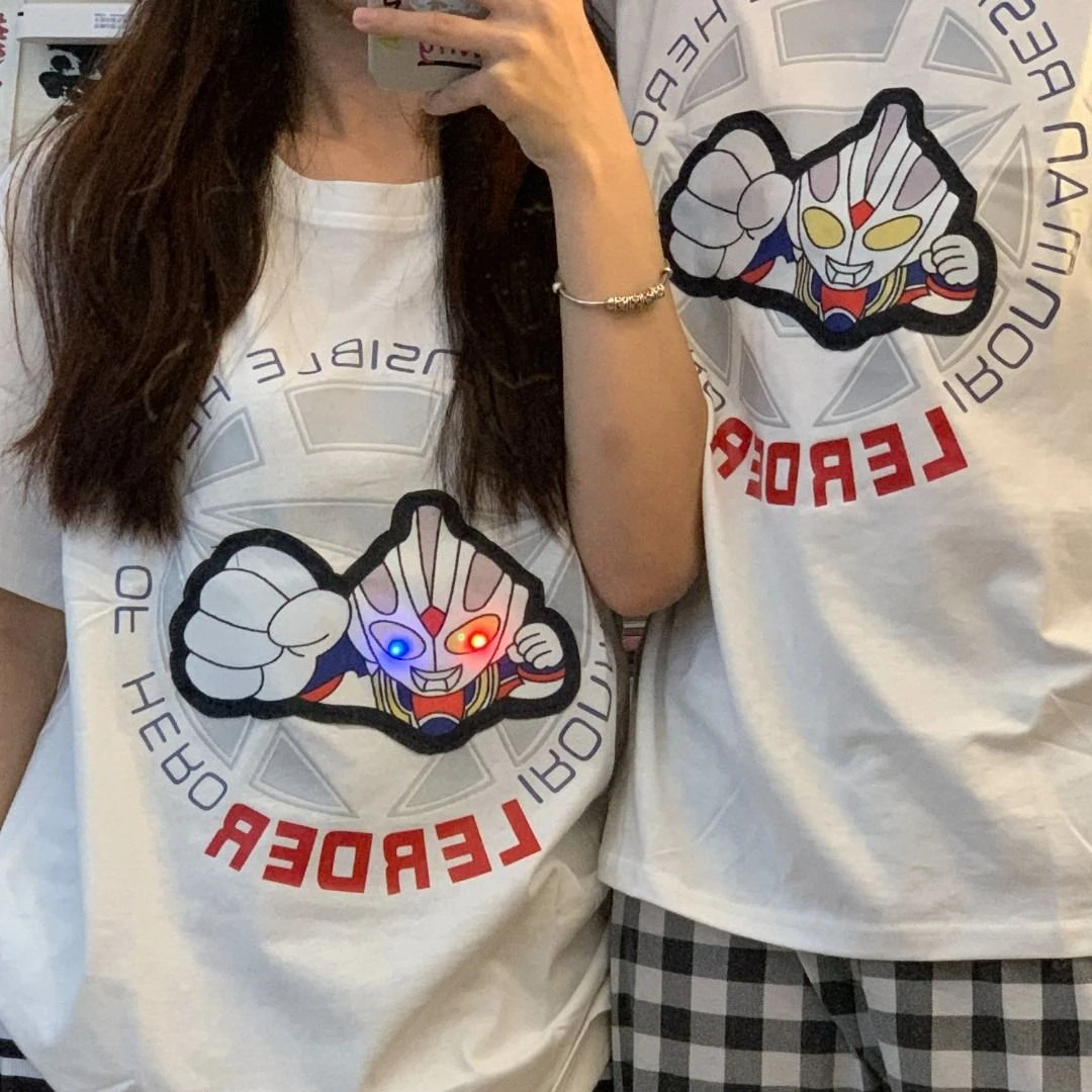 纯棉奥特曼发光T恤成人夏季短袖圆领闪灯一拍就亮迪迦情侣装衣服