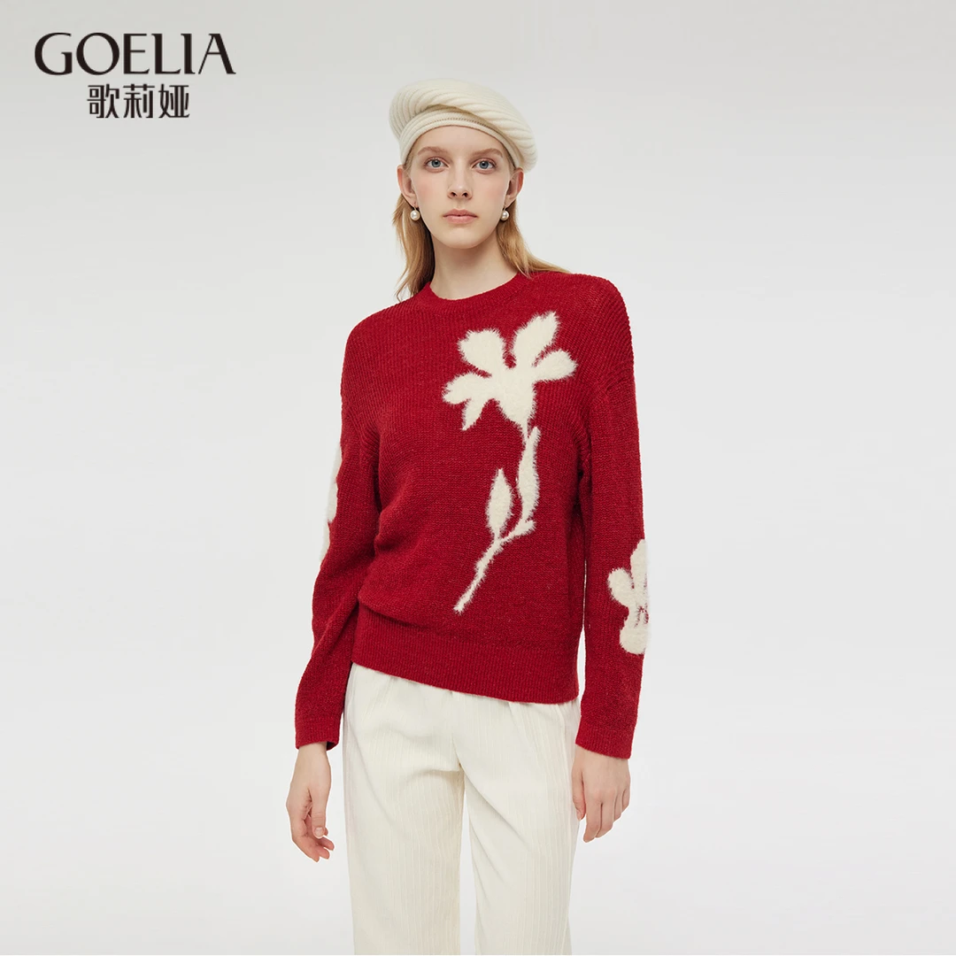 歌莉娅毛冬季休闲保暖红色提花毛织上衣1CCR5J110