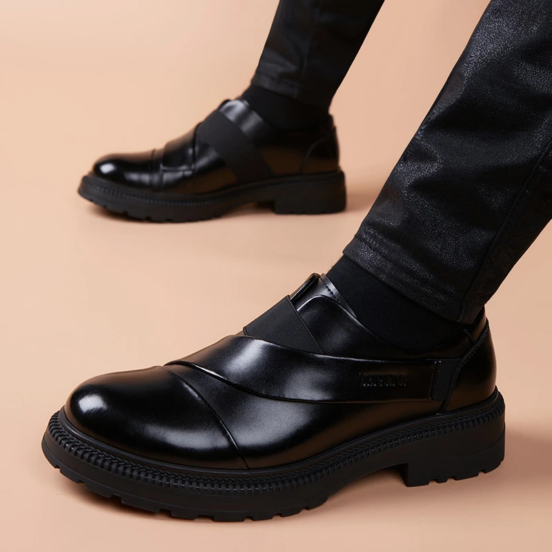 皮鞋男士潮流商务休闲厚底增高高档高端轻奢百搭套脚德比正装男鞋