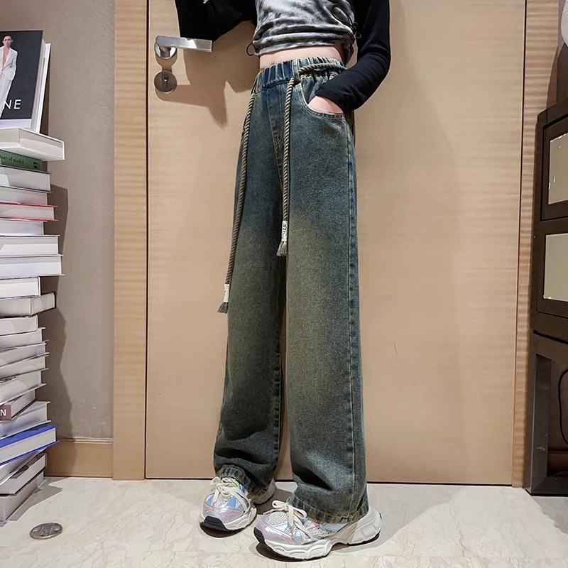 女童加绒牛仔裤2024新款洋气儿童百搭阔腿裤中大童秋冬女孩拖地裤