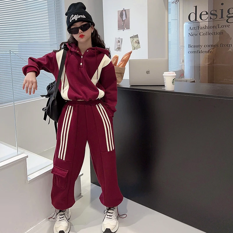 女童套装加绒加厚秋冬季2024新款小女孩保暖中大童嵌绳卫衣两件套