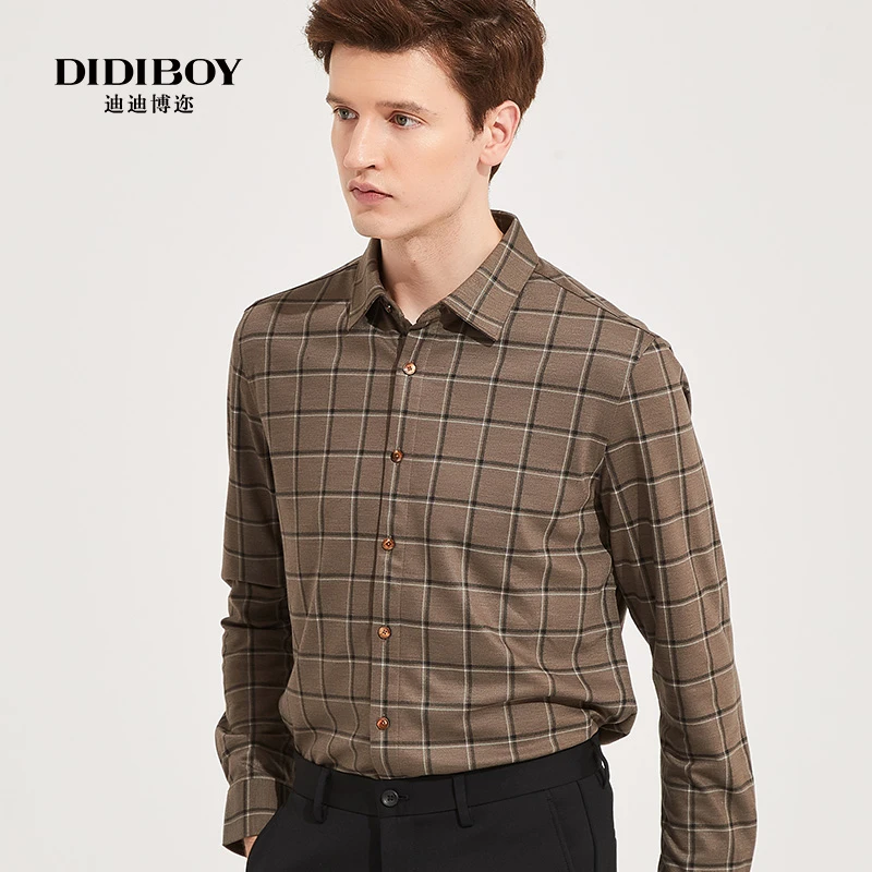 DIDIBOY/迪迪博迩加厚磨毛商务新款男咖啡格纹高级衬衫