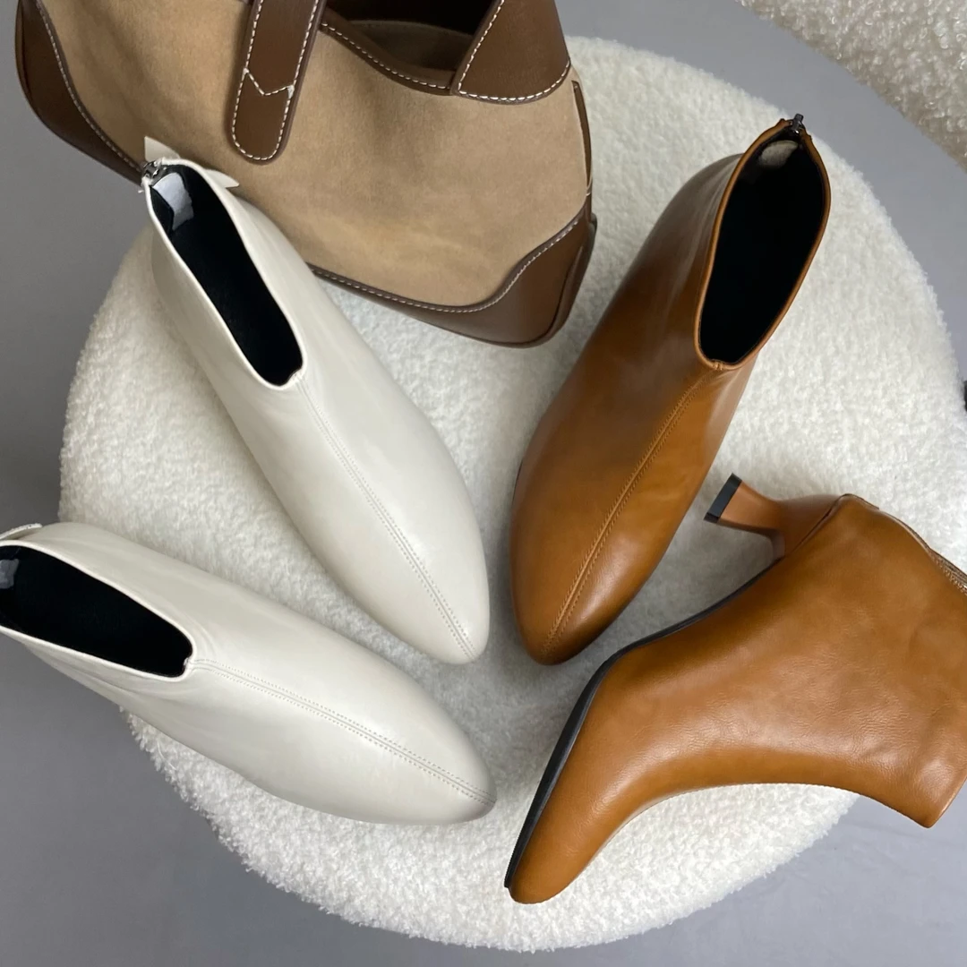 2024秋冬新款舒适小跟短靴女真皮尖头春秋单靴细跟气质百搭瘦瘦靴