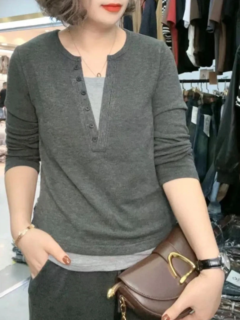 卫衣女2024春秋新款韩版休闲洋气V领假两件宽松百搭显瘦长袖上衣