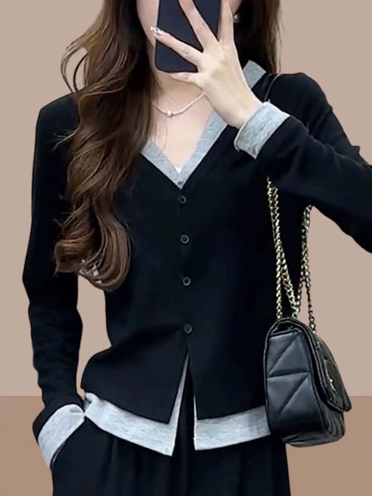 假两件拼接长袖针织衫女2024春秋新款小个子修身显瘦正肩打底上衣