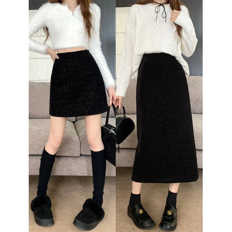 雪尼尔亮丝半身裙亮闪闪高腰中长款后开叉秋冬新款显瘦星空A字裙