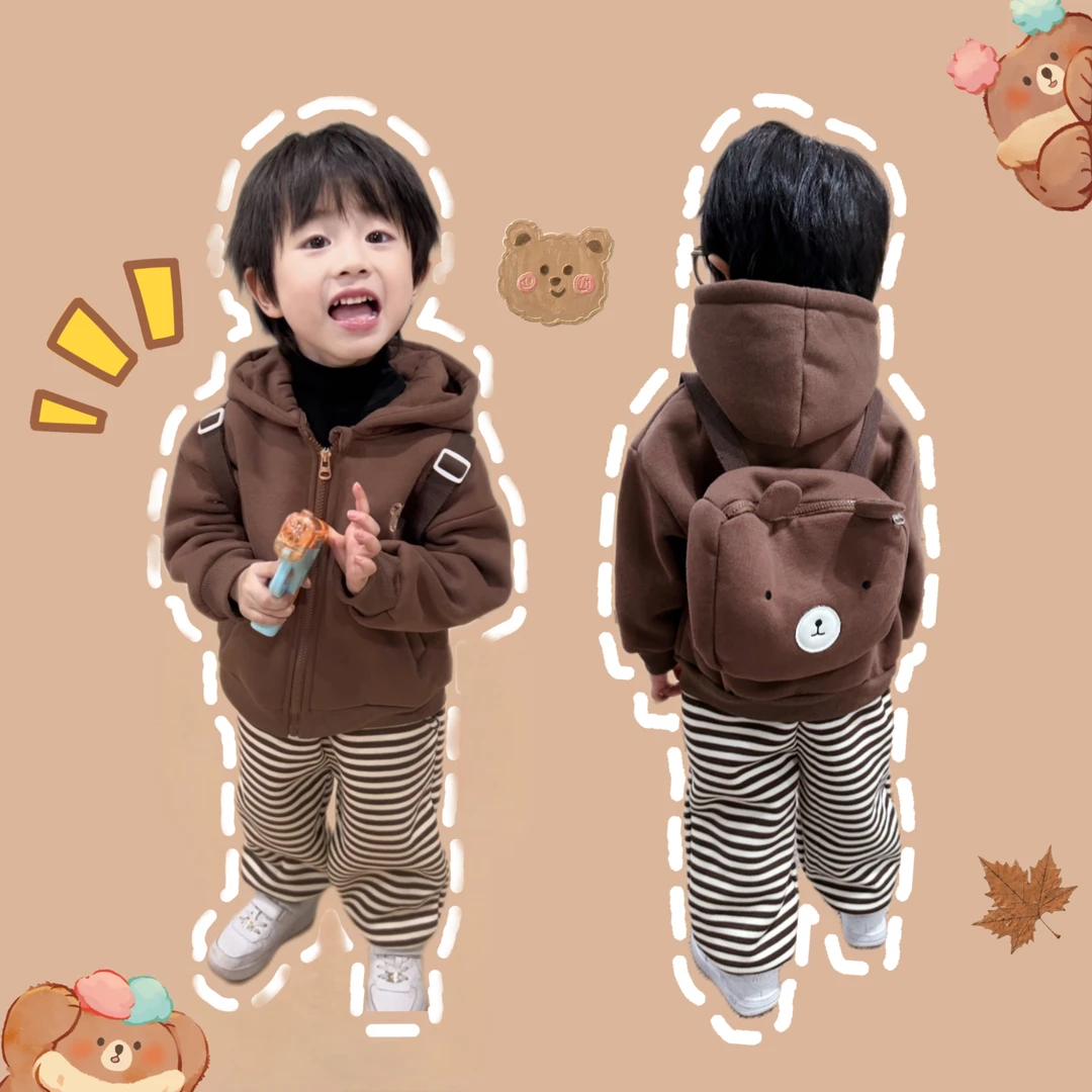 【冬季新品】幼稚园小熊洋气三件套儿童加绒加厚连帽卫衣卫裤套装