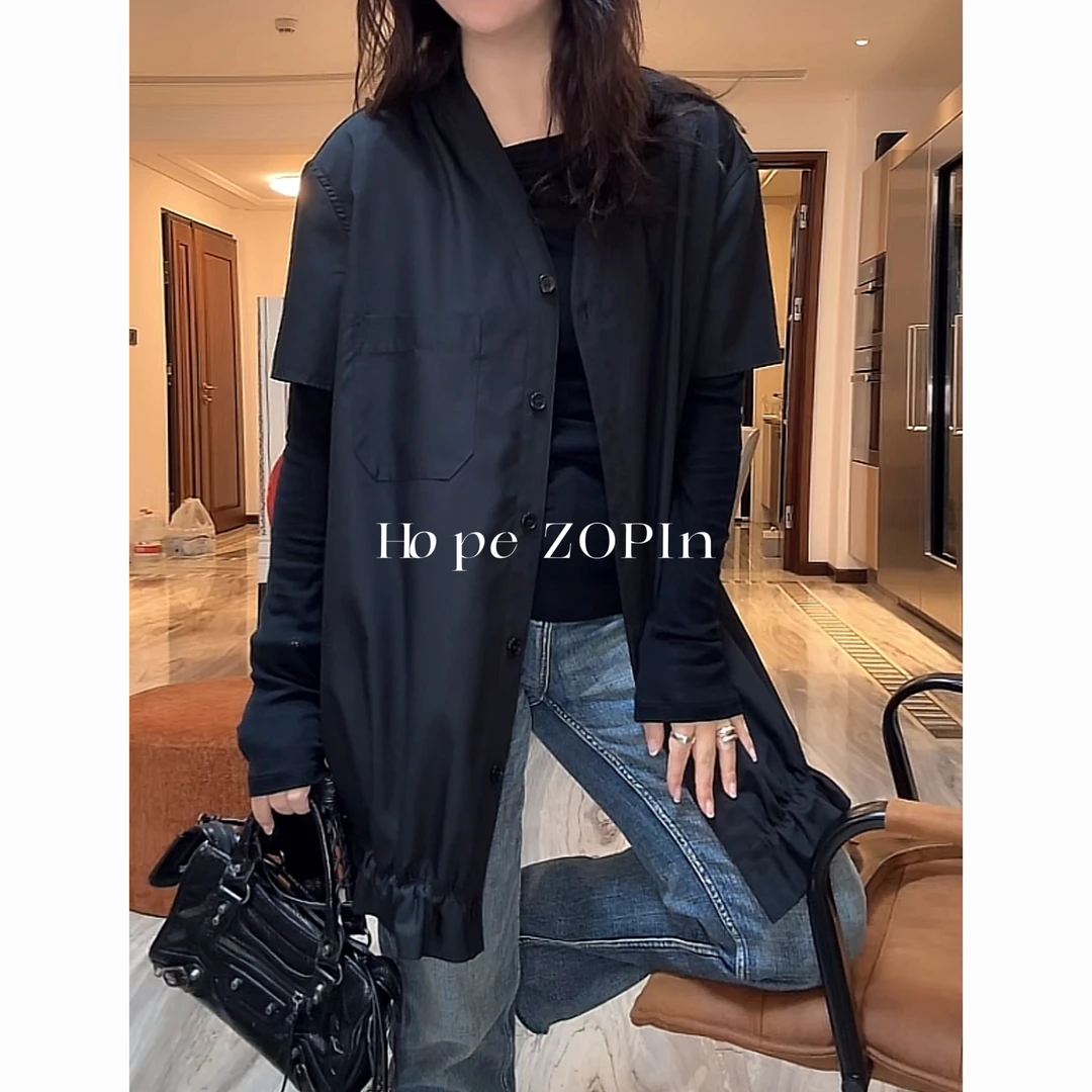 【大G精选】“自信感” 暗黑简约设计感下摆抽褶v领短袖连衣裙