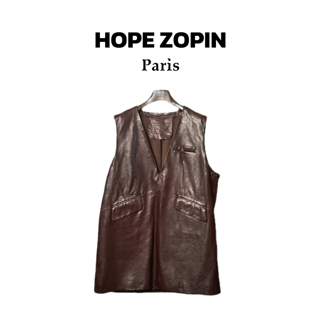 【大G精选】“博主腔调” 法式简约小羊皮深v无袖背心皮连衣裙