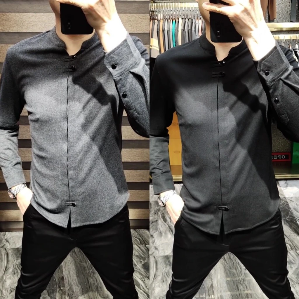 2043春秋季双11新款男士中国风磨毛衬衫长袖衬衣时尚