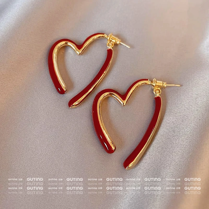 铜合金耳饰 13348两戴心形耳环法式轻奢红色耳坠百搭高级感耳饰