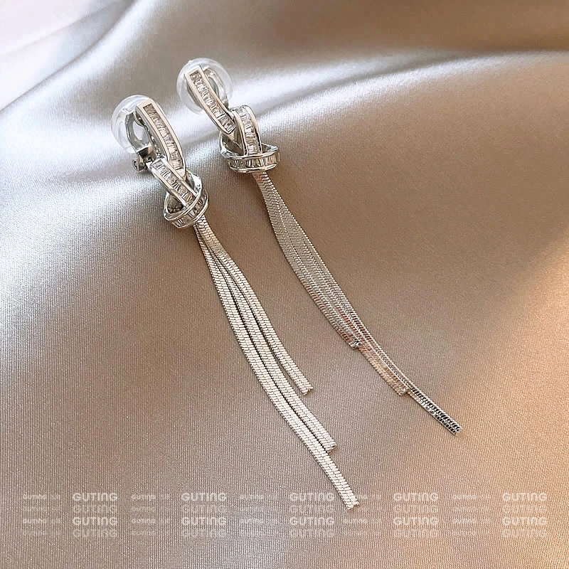 铜合金合成锆石耳饰 16334（无耳洞耳夹）轻奢气质绳结长款流苏耳环