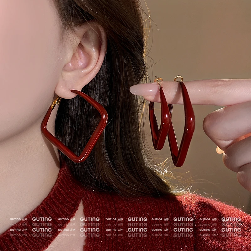 铜合金耳饰 18943安哥拉红色耳环方形耳钉复古大耳圈时尚手工素圈