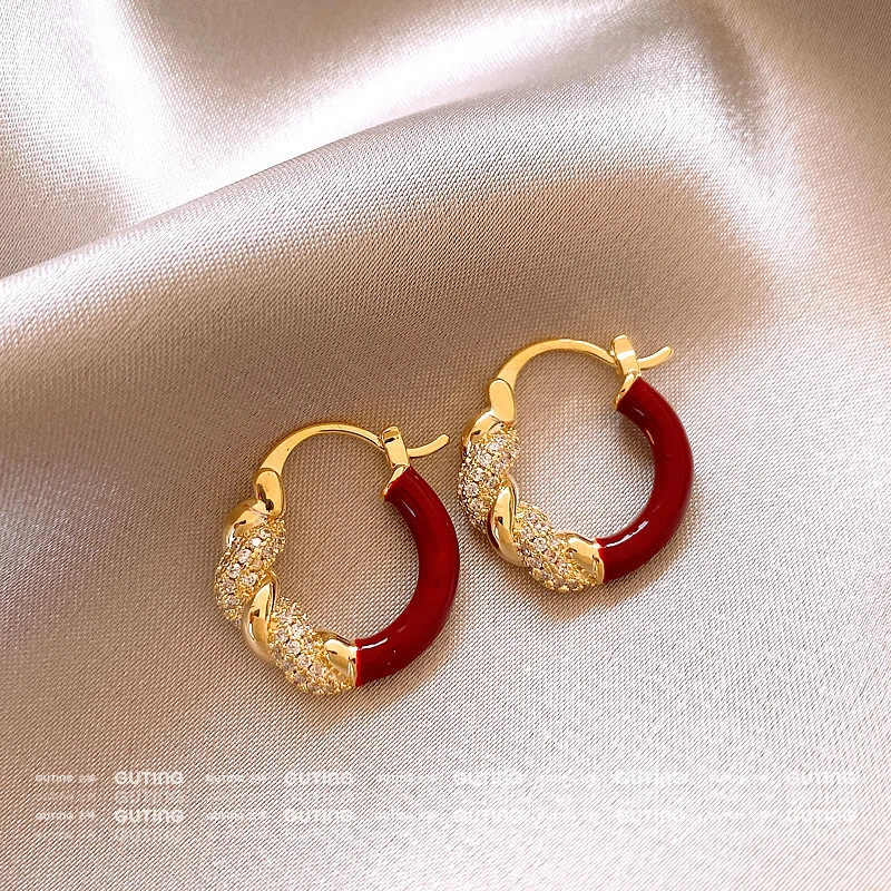 铜合金合成锆石耳饰 18221红色耳圈轻奢美拉德圆形耳环耳饰