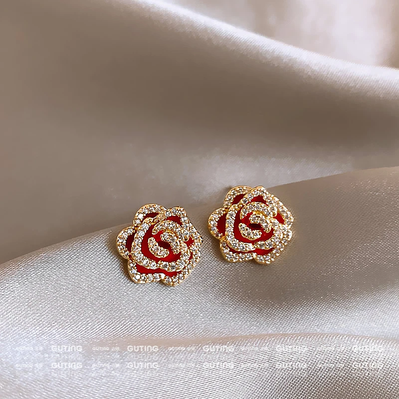 铜合金合成锆石耳饰 18757优雅法式山茶花耳环女手工耳钉秋冬耳饰