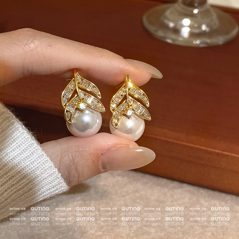 铜合金合成锆石耳饰 19061闪锆耳环女新中式叶子耳钉优雅气质耳饰