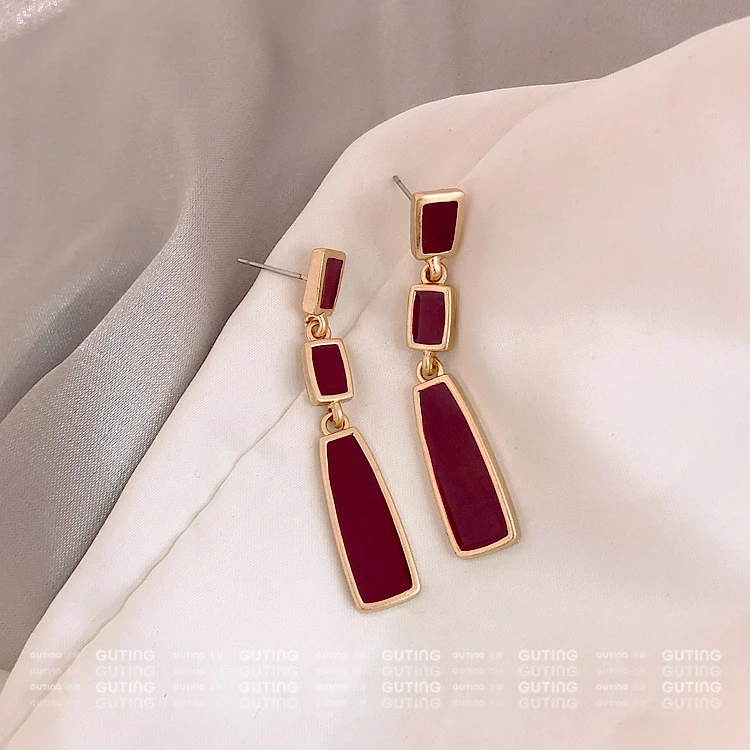 铜合金耳饰 4889红色耳环港风高端独特耳饰法式复古长款时尚耳坠