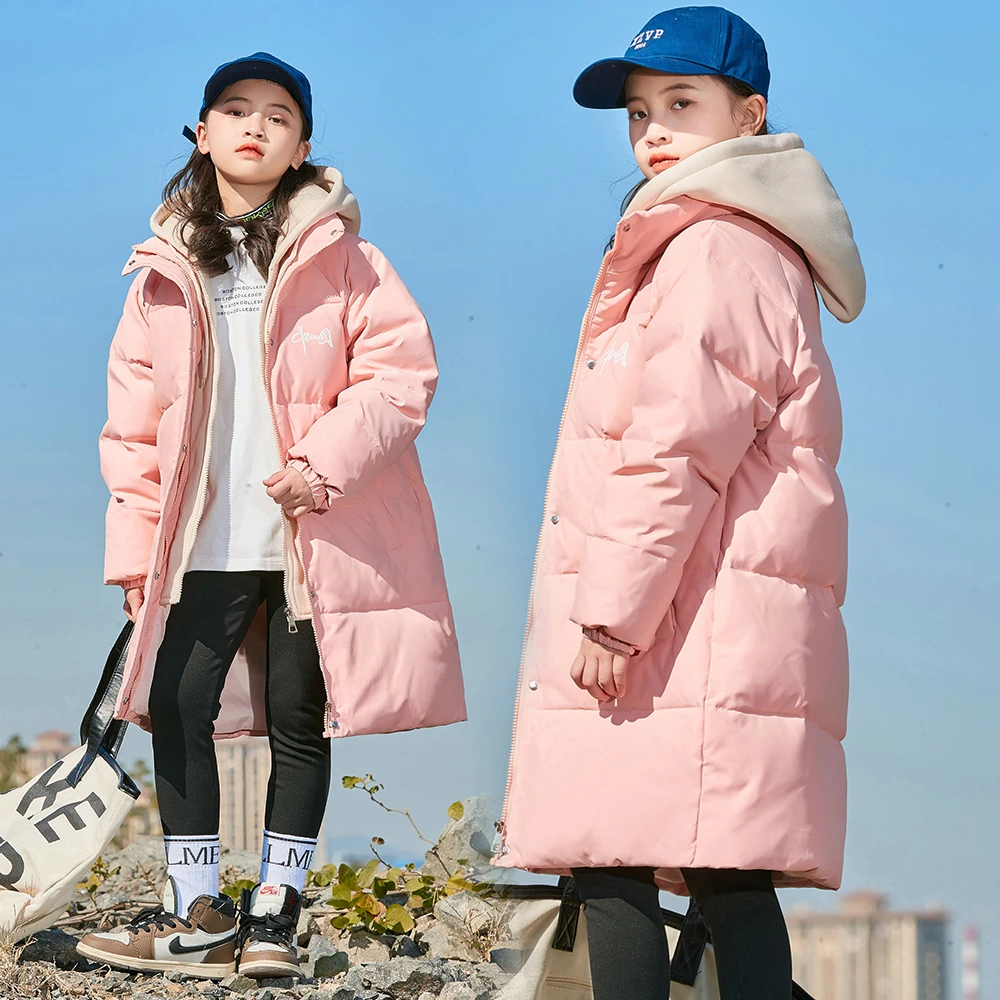 儿童羽绒丝服女童中长款中大童2024新款冬季小女孩外套加厚假两件