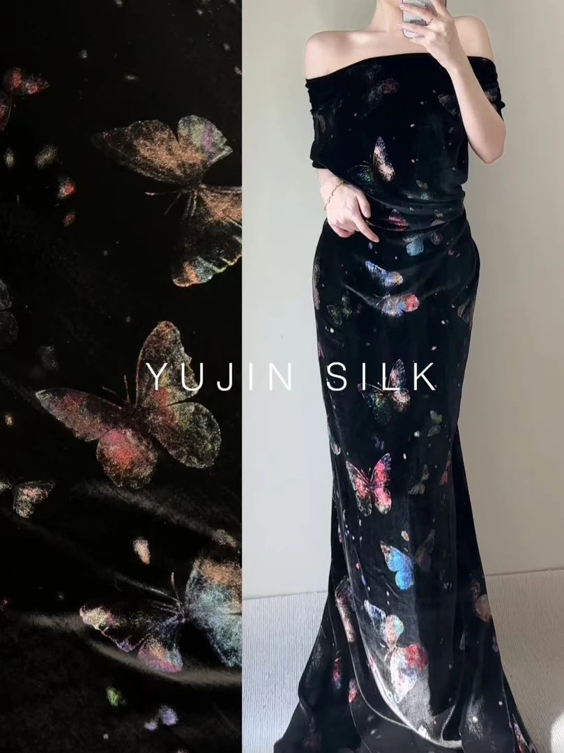 「蝴蝶来信」YUJIN SILK 烫金真丝丝绒桑蚕丝布料140门幅200克