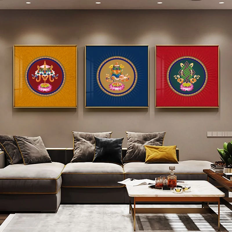 吉祥八宝民族装饰画中式玄关客厅沙发背景壁画藏族八吉祥挂画带框