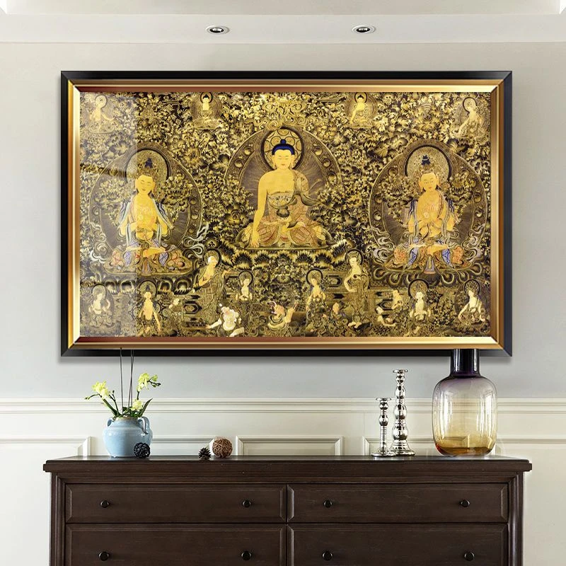 藏式挂画家用唐卡佛像玄关装饰画客厅释迦摩尼佛菩萨中堂壁画带框