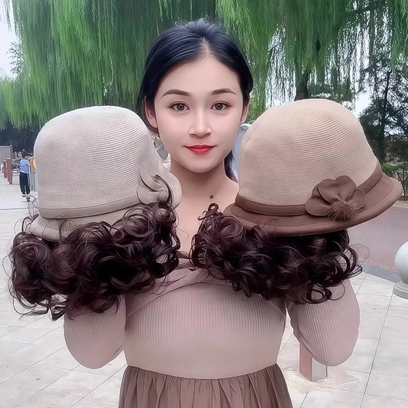 假发帽子一体秋冬毛呢保暖短卷发妈妈帽时尚百搭带假发的帽子新款
