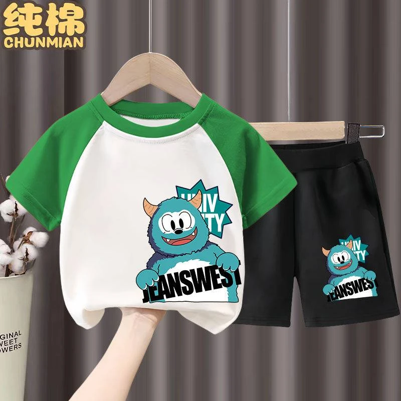 男童纯棉T恤套装新款洋气卡通插肩上衣中小童宽松短袖短裤两件套t
