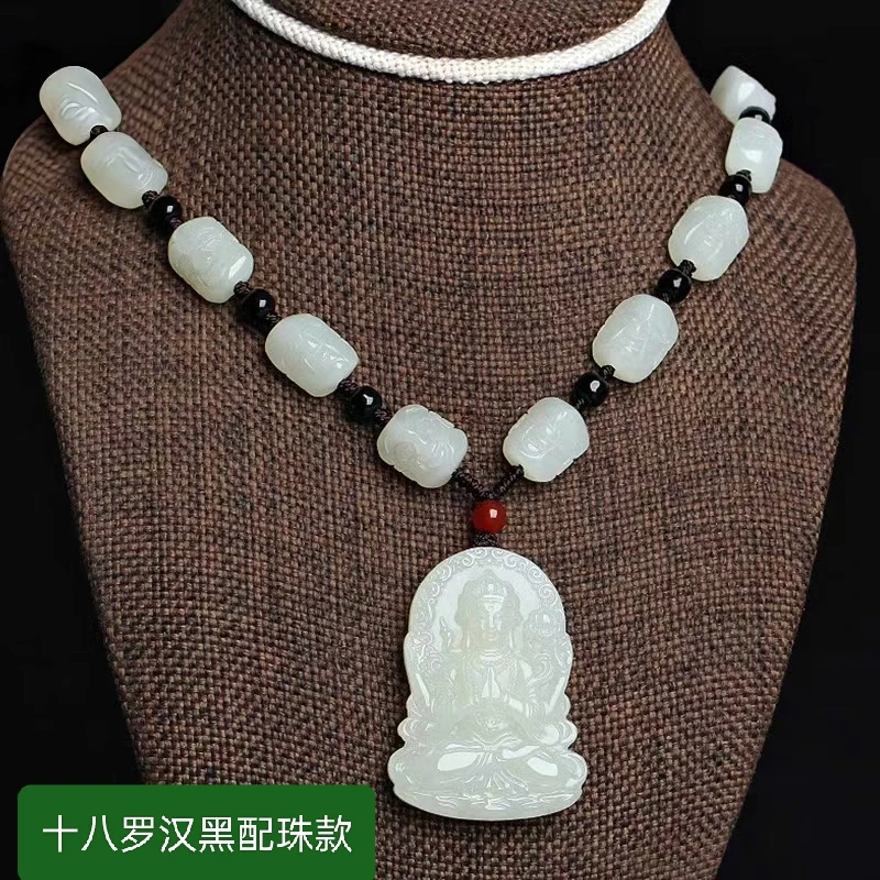 天然新疆和田玉白玉四臂观音菩萨挂件项链款男士护身玉观音玉吊坠