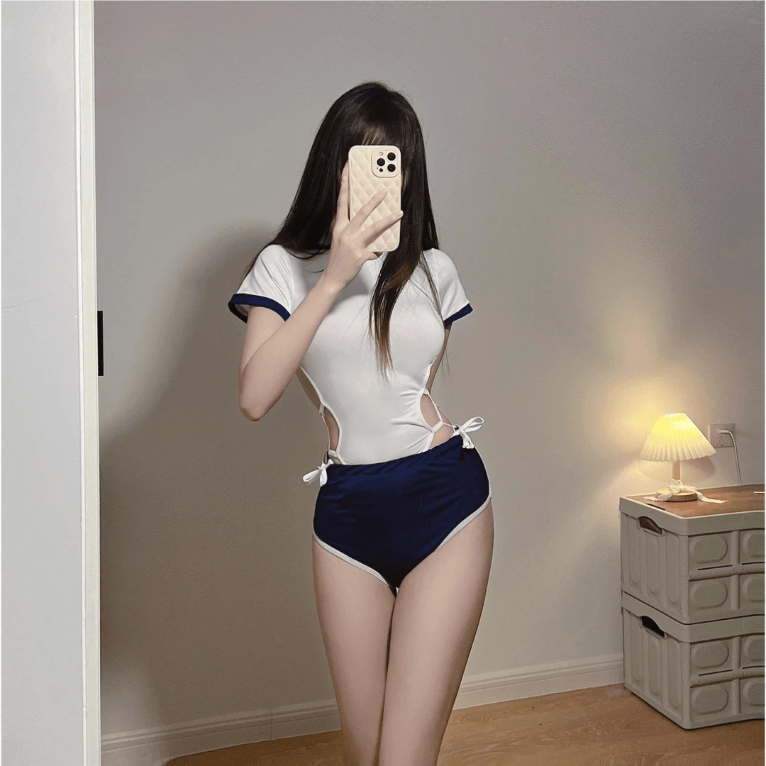 【蓝妍】运动服学生睡衣绑带式开叉校园风睡裙连体短袖纯欲风套装