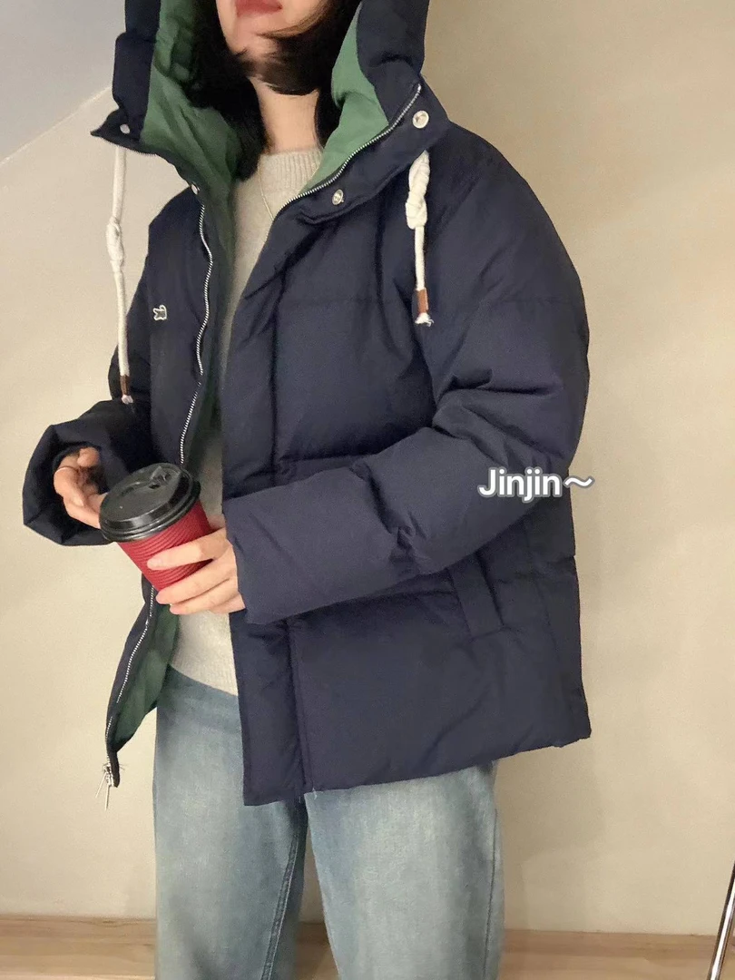 【金小姐】小E鱼拼色连帽两色羽绒服～