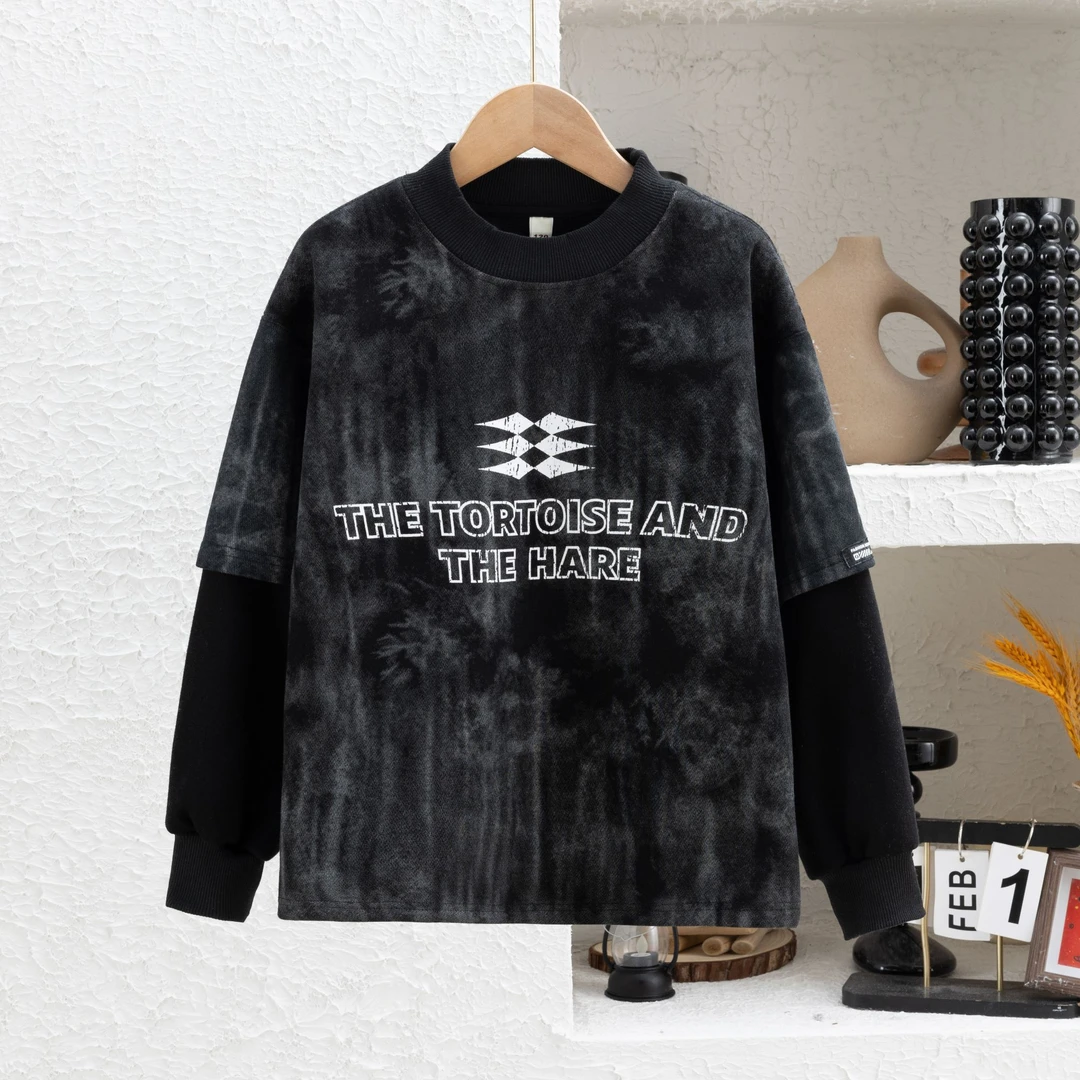 男童加绒卫衣一体绒2024新款儿童秋冬上衣潮男孩假两件打底衫加厚