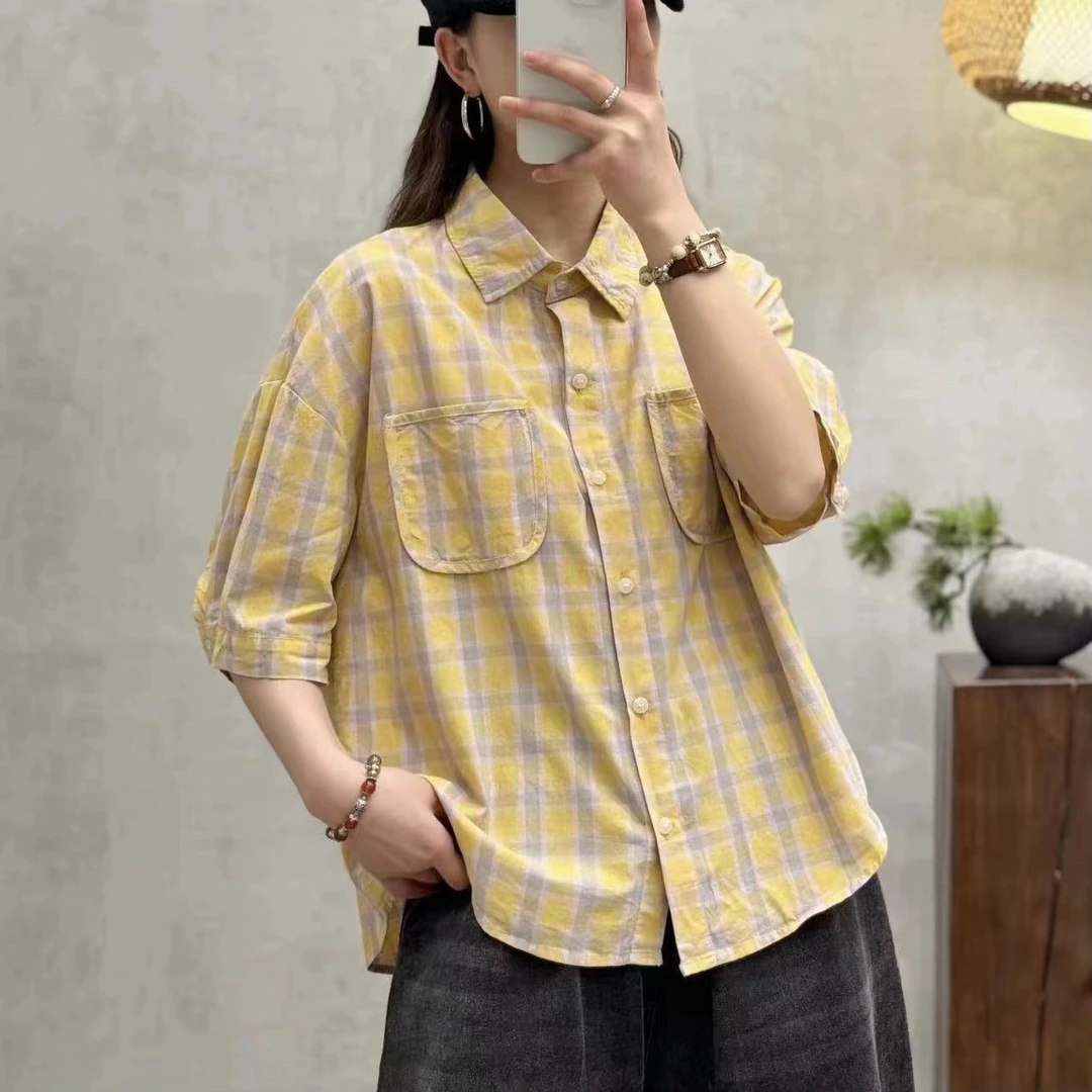 时尚休闲格子宽松百搭棉衬衫2024夏新款气质百搭显瘦气质上衣潮