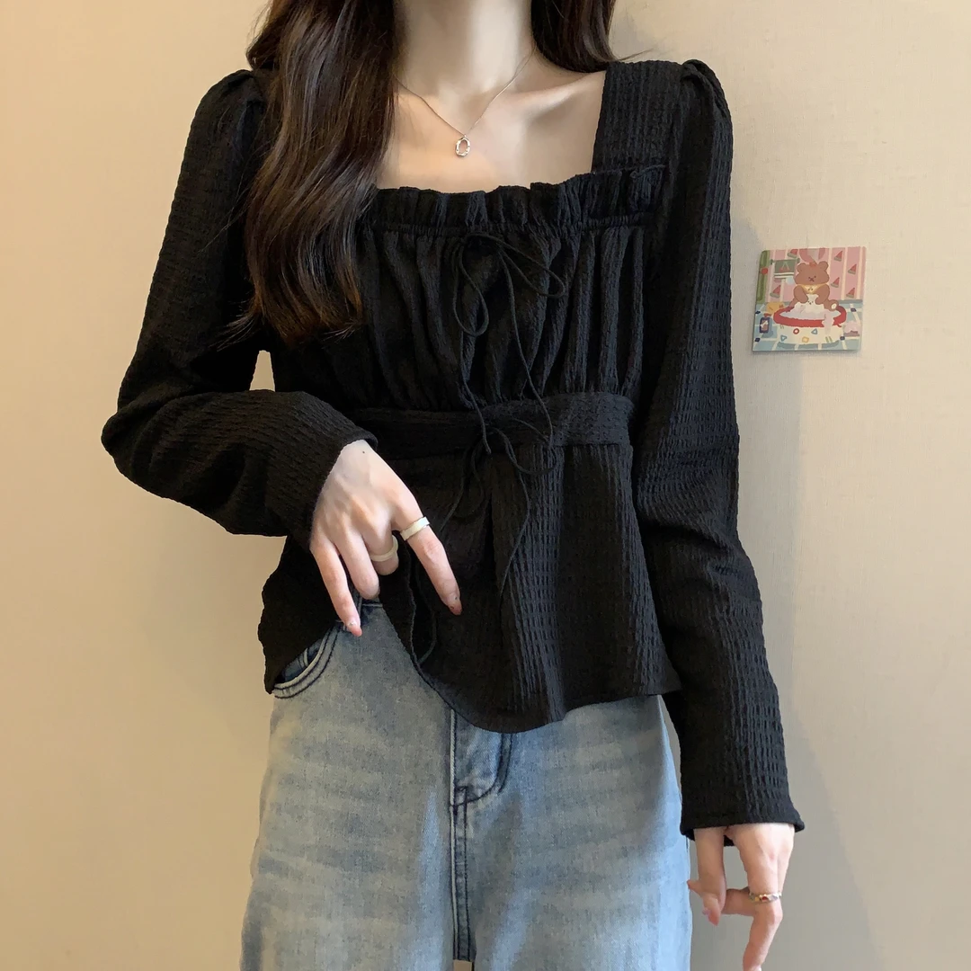 【主播强推】大码设计感小众方领显瘦遮肉秋装长袖上衣女355630#