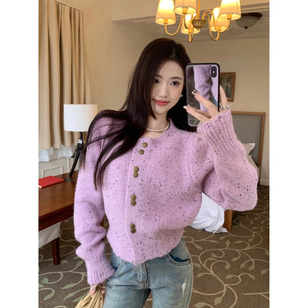 小洁大码女装蓝纹奶酪气质长袖针织开衫毛衣法式小香风短外套