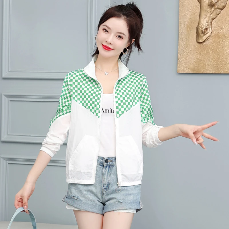 休闲防晒衣女2025户外运动上衣棋盘格撞色短款薄外套韩版棒球服女