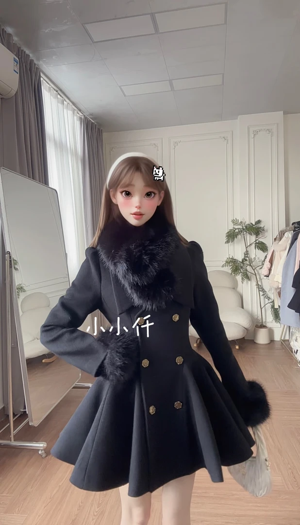 小小仟 赫本序章  掐腰夹棉毛呢大衣富家千金加厚毛领呢子外套