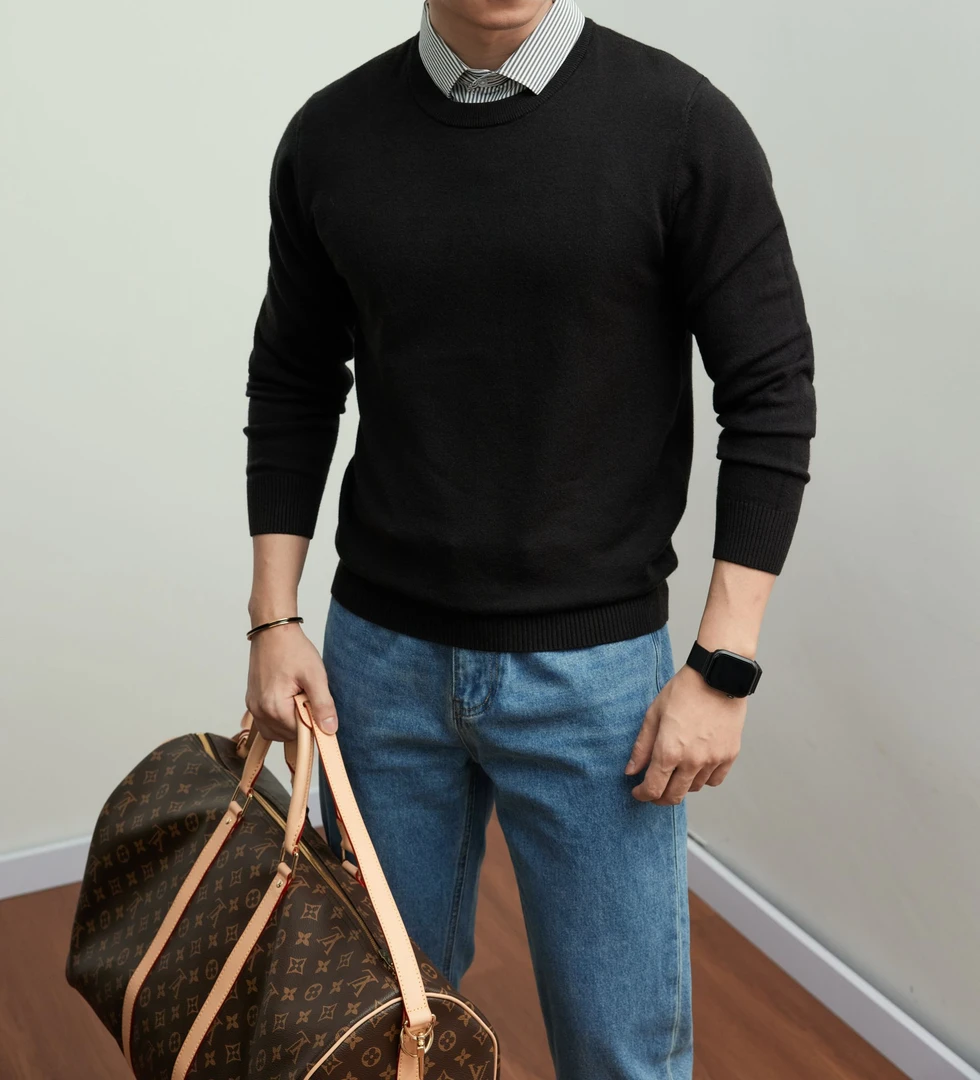 衬衫领假两件毛衣男士秋冬款2023新款打底衫保暖冬季男士针织衫潮