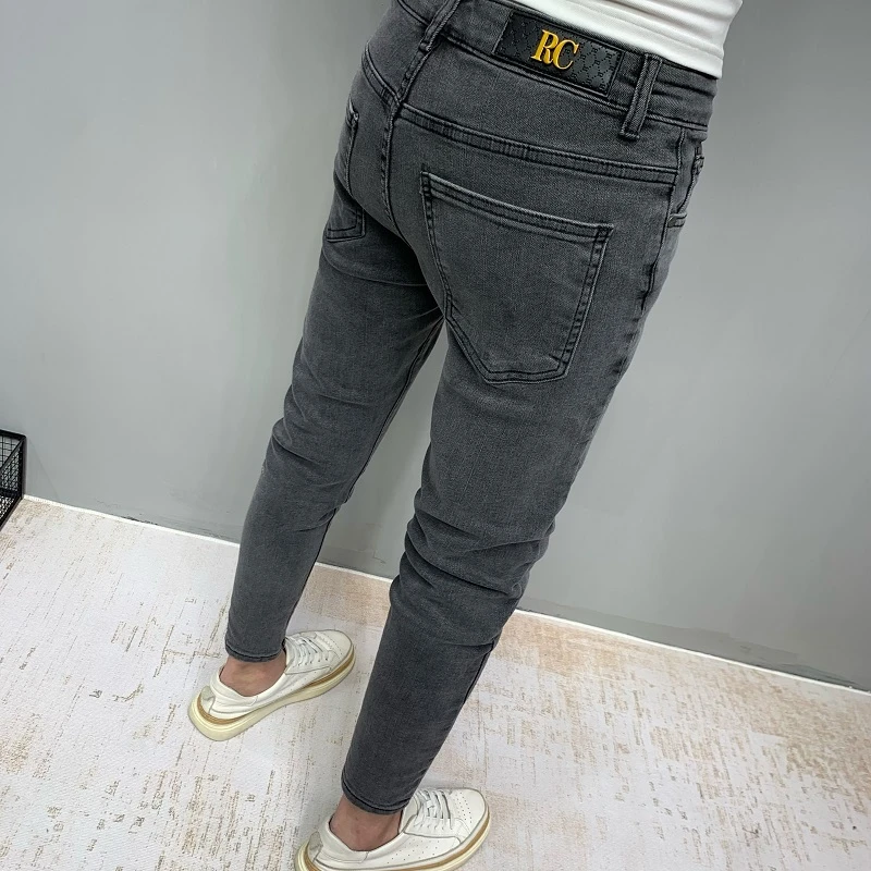 高级黑灰色修身牛仔裤男小脚2024夏季新款潮流简约百搭弹力九分裤