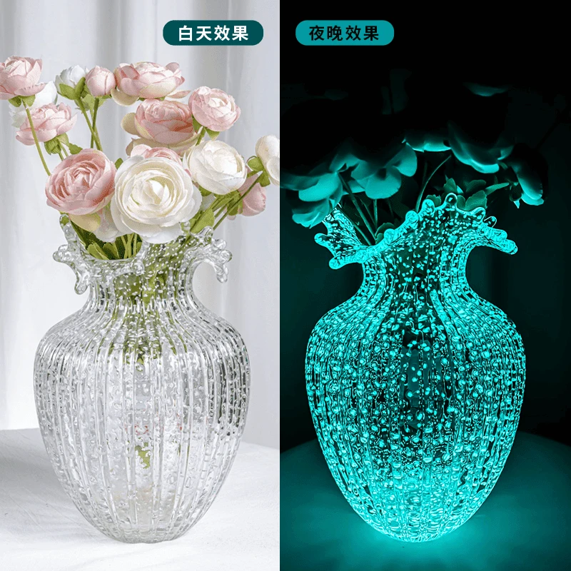 网红ins风夜光花瓶轻奢透明波浪口插花摆件客厅水培水养鲜花