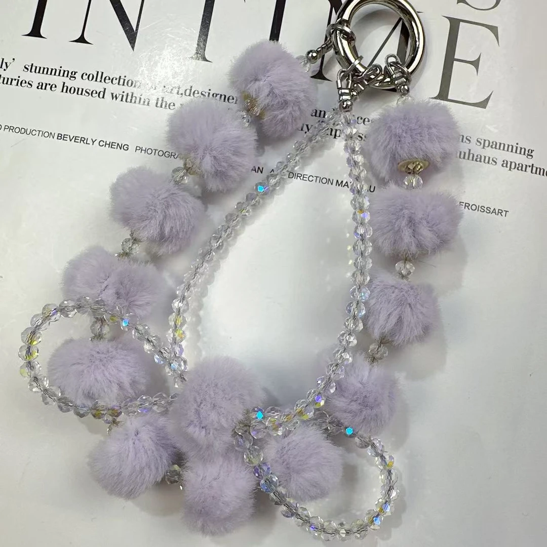 2459【紫色小毛球蝴蝶结】手工女通用防丢手提防摔手机链钥匙扣挂件
