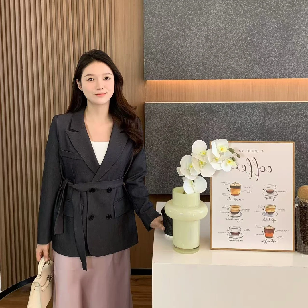 【折扣】小羽酱小个子定制秋季韩系气质显瘦高腰系带式中长款西装