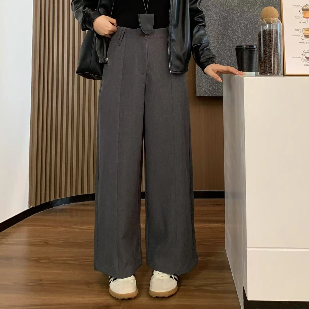 小羽酱小个子定制秋季韩系显瘦遮跨百搭高腰压线西装裤阔腿休闲裤