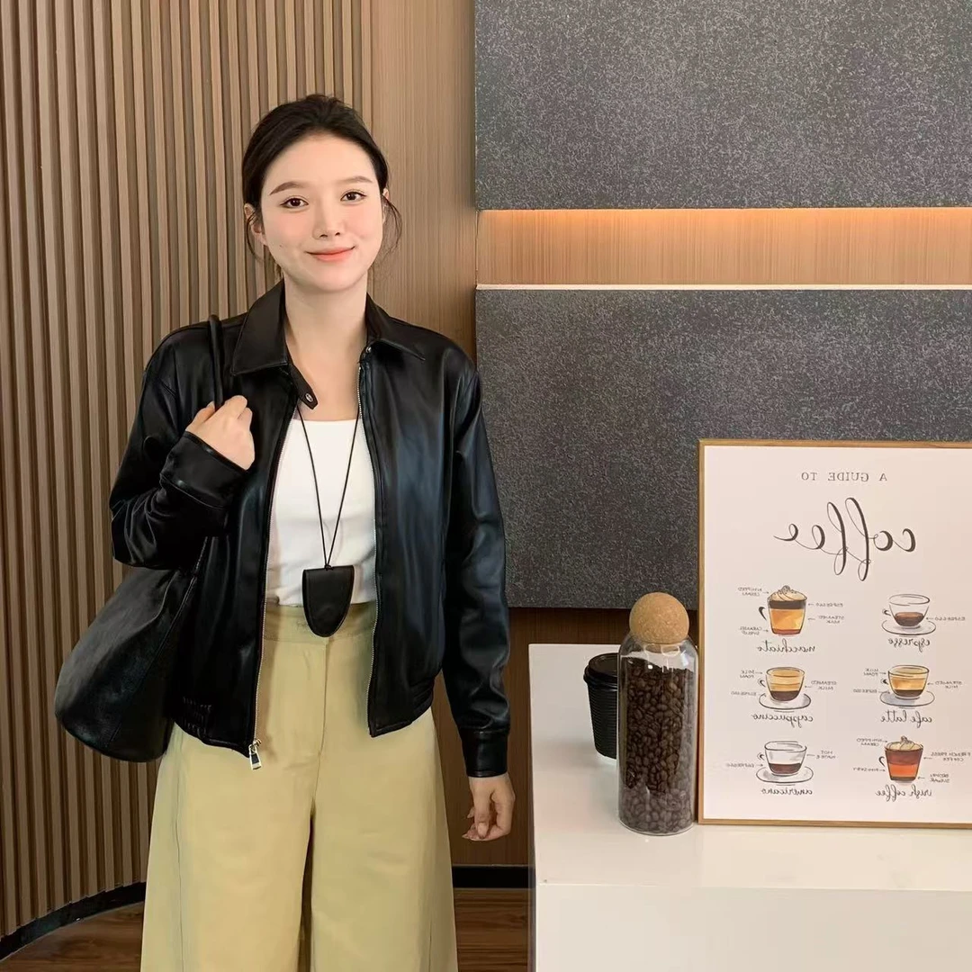 小羽酱小个子定制秋冬韩系气质翻领夹克外套休闲百搭短款皮衣外套