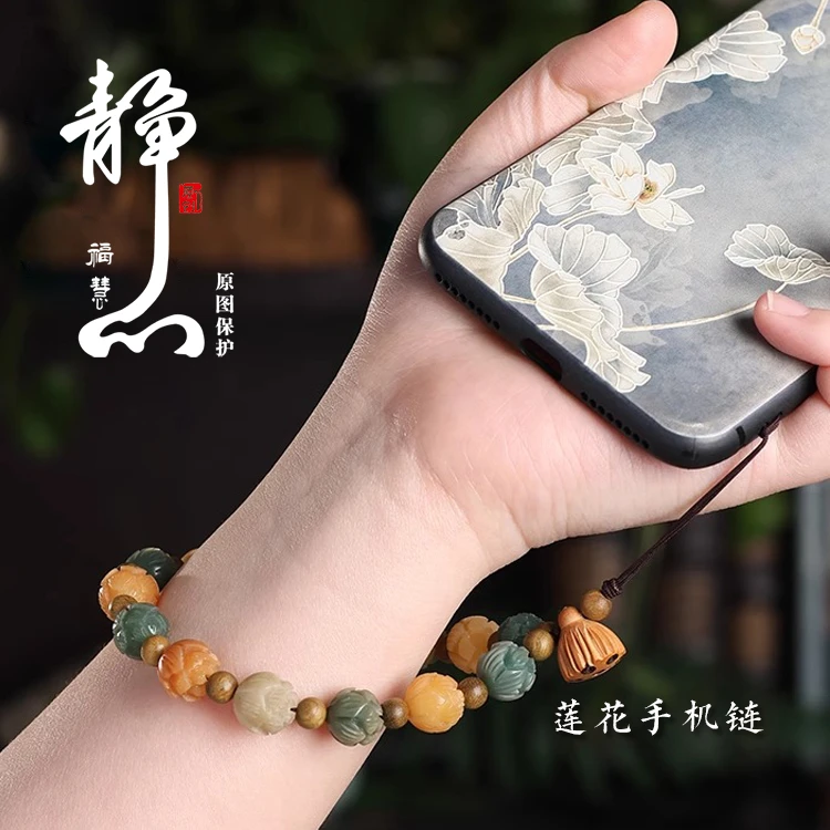 莲花雕刻女款吊坠挂饰挂饰搭配双色手作精雕手工挂件短款复古古风