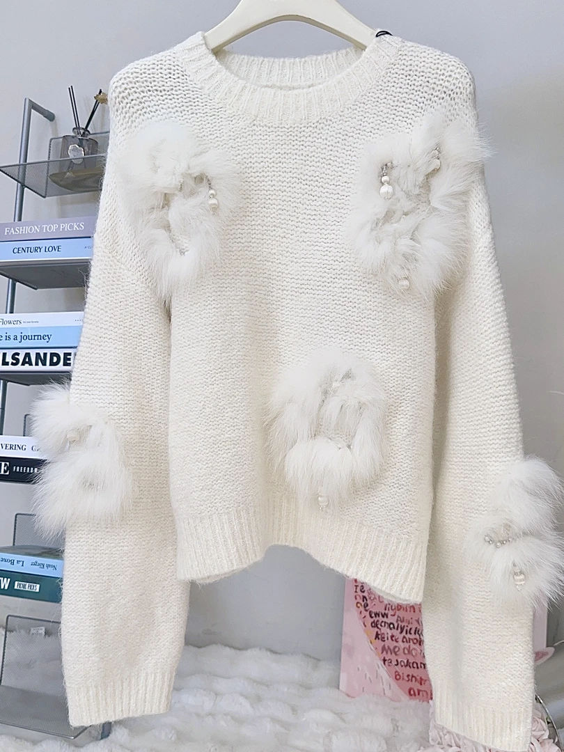 琳心丨早秋气质轻奢毛毛链珠长袖套头毛衣 9494