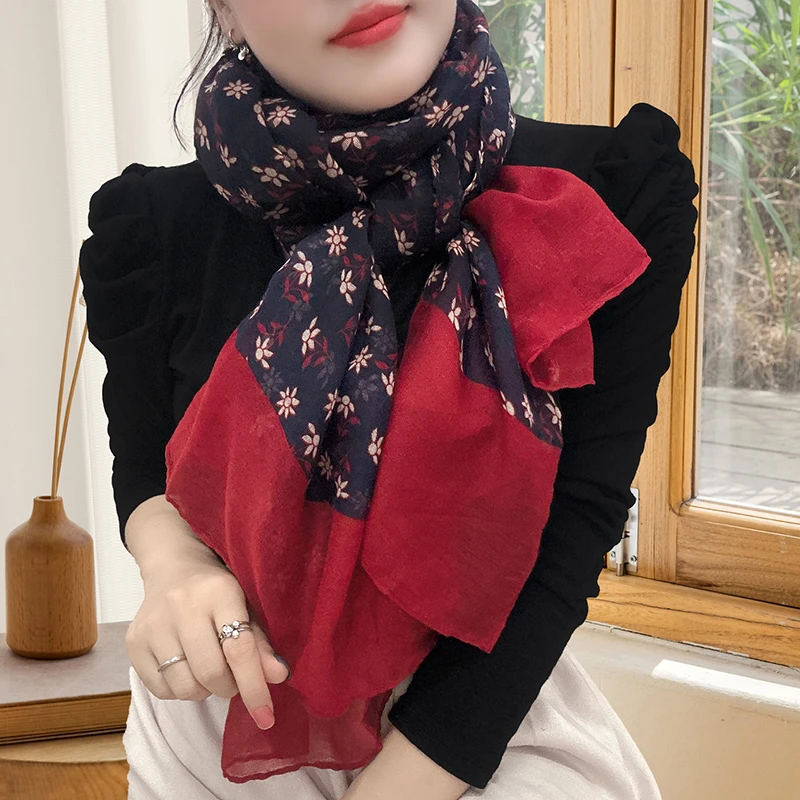 深色显白减龄简约小碎花巴厘纱民族古风纯色围巾披肩女百搭丝巾