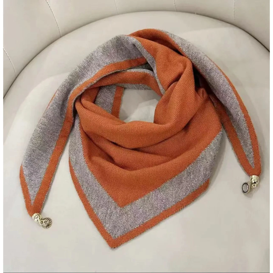 秋冬新款针织磁扣三角巾多功能磁扣百搭保暖护颈围巾拼色气质围巾