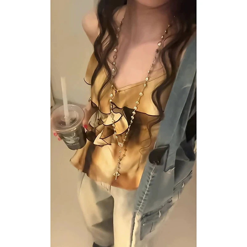 法式甜辣扎染吊带咖色性感辣妹V领斜下摆背心女夏设计感外穿上衣